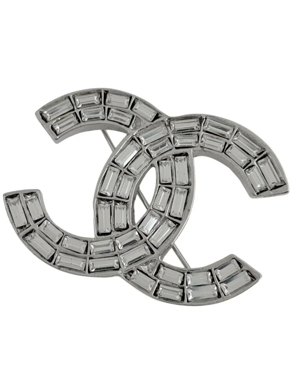 Chanel Brooch CC Logo Silver Plated Rhinestone